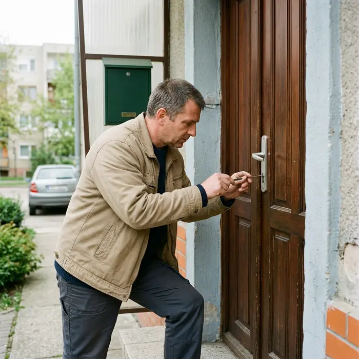 Lakatos bézs munkakabátban egy családi ház bejárati ajtajának zárját vizsgálja