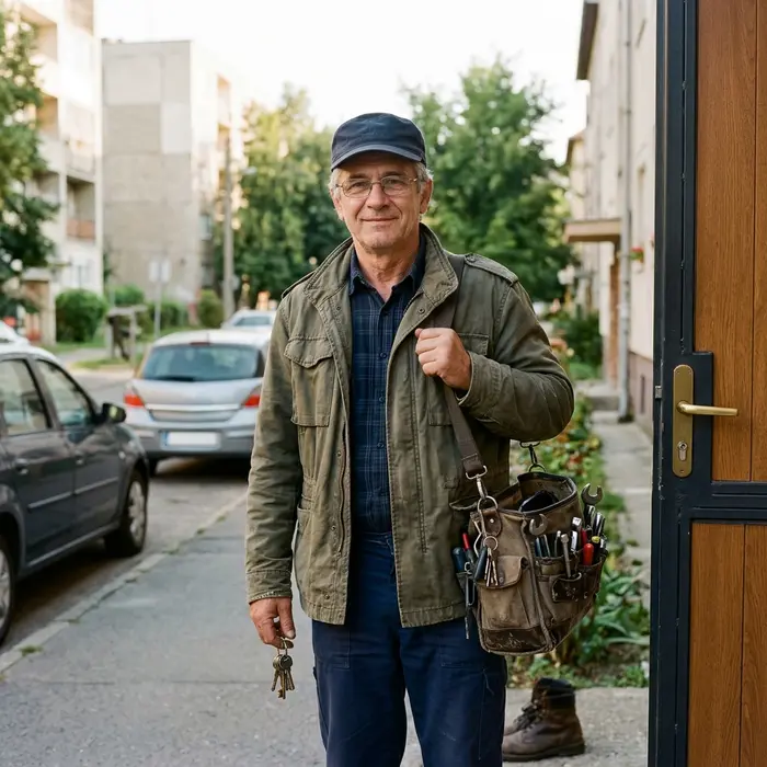 Zoltán, szemüveges lakatos sapkában, vállán szerszámostáskával, a szabadban