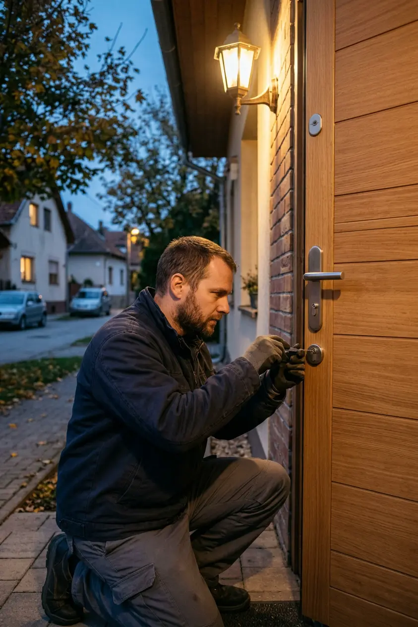 Lakatos munkakabátban térdel egy fa bejárati ajtó előtt, és szerszámmal nyitja a zárbetétet