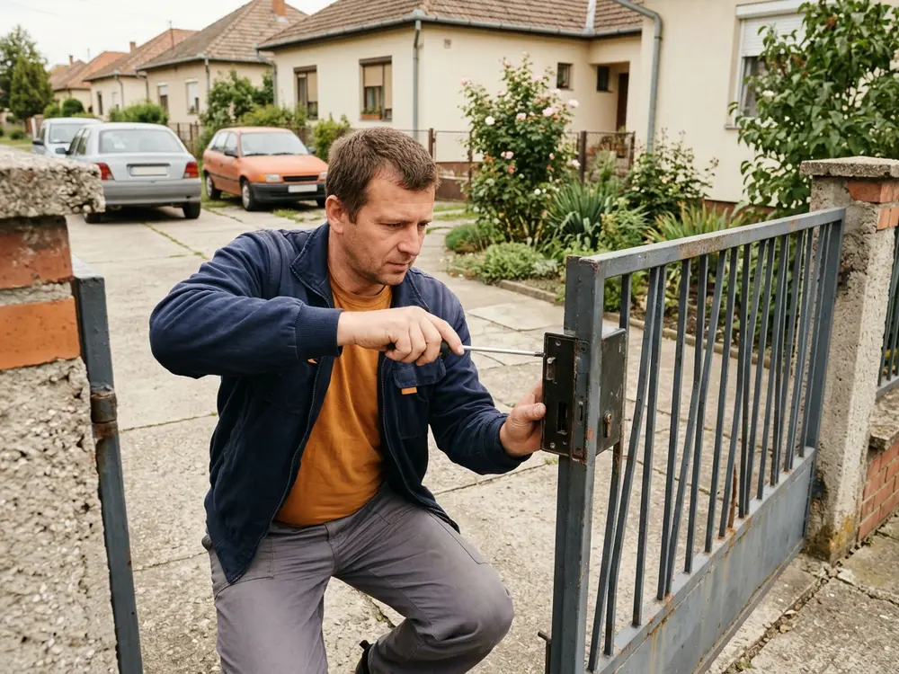 Munkás csavarhúzóval állítja be egy családi ház fém kertkapujának zárját