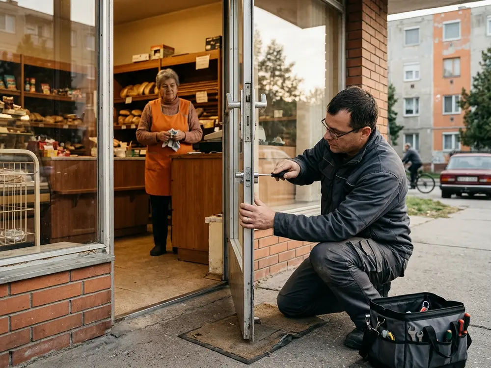 Lakatos üvegajtós üzlet zárját cseréli, a háttérben a kis bolt belseje