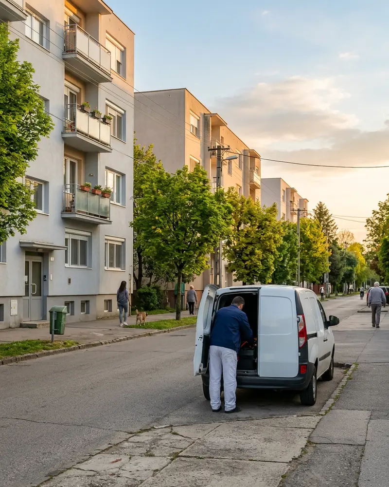 Csendes lakóutca esti fényben (Csém), panelházakkal és egy kis szervizautóval